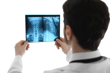 Doctor examining neck MRI scan on white background