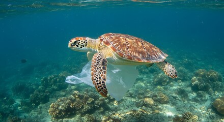 Obraz premium Sea Turtle Entangled in Plastic Bag: A Stark Reminder of Ocean Pollution