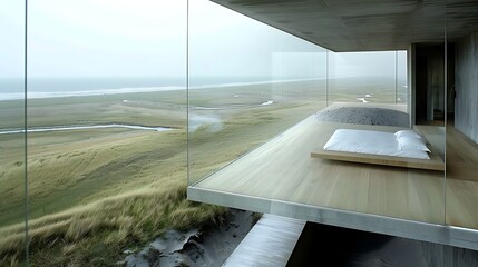 Fototapeta premium Minimalist bedroom cantilevered over coastal landscape in serene environment