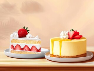 Delicious Strawberry Shortcake Slice with Golden Syrup Cake on Wooden Table
