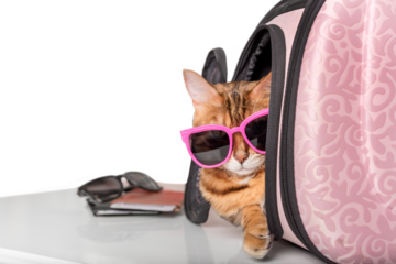 Funny cheerful cat looks up. Bengal cat on a transparent background.