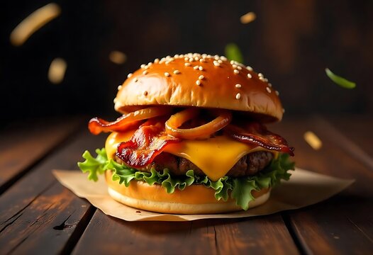 Burger with flying elements. Delicious burger with flying ingredients isolated on black background. Flying Burger Slices - Powered by Adobe