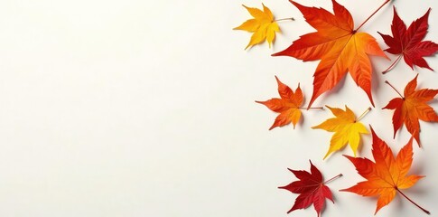 Fototapeta premium Colorful autumn leaves scattered on a white surface, colors, autumn, foliage