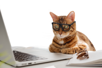 A business cat with glasses works at the computer.