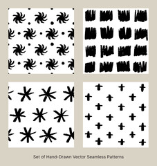 set of brush hand drawn seamless patterns, vector ornaments for wrapping paper, wall decoration, black and white, minimal	