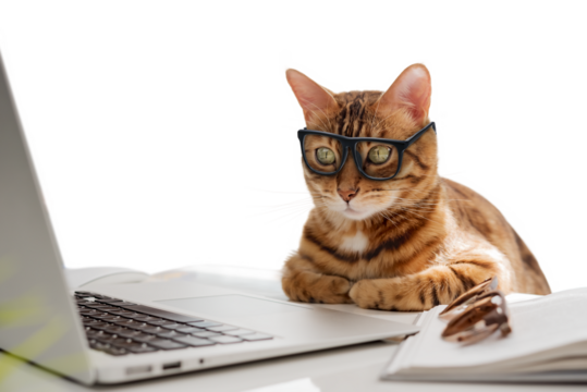 A business cat with glasses works at the computer. - Powered by Adobe