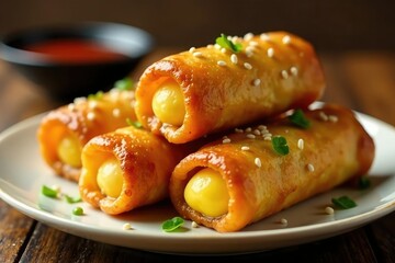 Crispy golden egg rolls, glistening glaze, sesame seeds, golden, meal