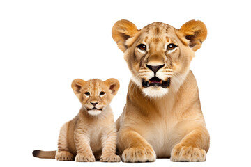 Obraz premium lovely mom lioness and baby lioness isolated on white