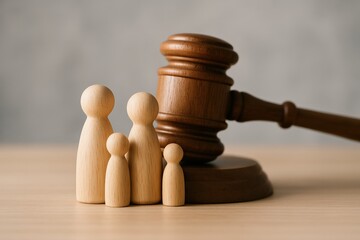 Wooden Family Figurines Stand Before a Gavel Representing Legal Decisions and Impact on Family Matters, Such as Divorce or Child Custody.