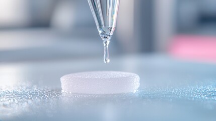 Close-Up of a Liquid Droplet Forming from a Pipette Above a Foam Disc in a Laboratory Setting
