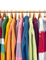 Vibrant handmade knitted women's sweaters artfully arranged on hangers, eagerly awaiting their new owners., hand-drawn digital illustration. with white shades