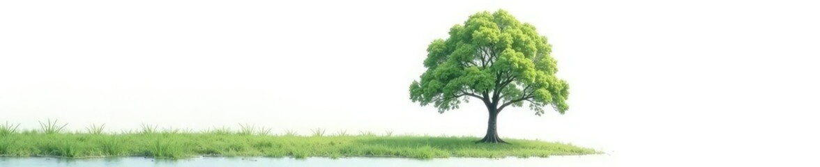 Obraz premium Dense foliage surrounds a solitary tree on a white background, solitude, peacefulness