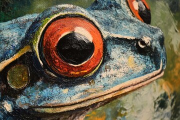 Close-up of colorful frog with vibrant red eyes in textured art painting