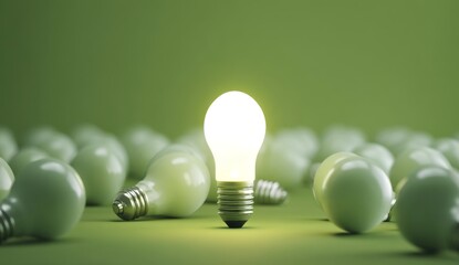 Shining Bright: One Illuminated Lightbulb Among Many, Representing Unique Ideas and Innovation in a Crowd