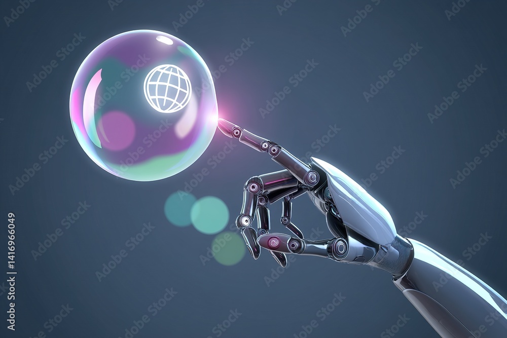 Wall mural robotic hand touching globe icon in translucent orb on dark background