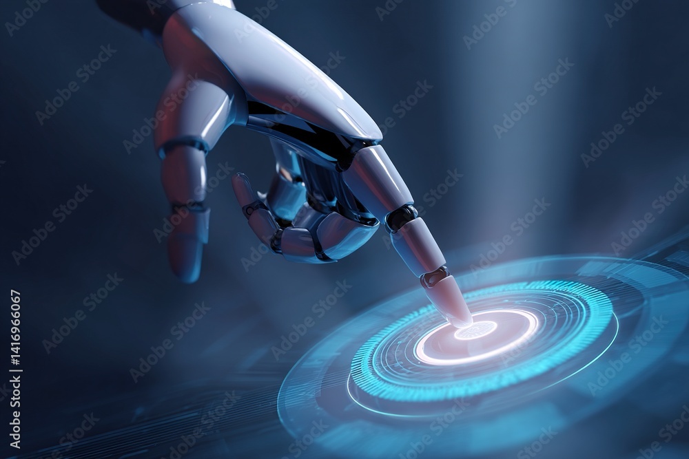 Canvas Prints robotic arm's precise touch on circular interface, futuristic design, subtle blue hues