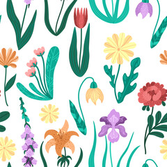 Colorful seamless vector with whimsical wildflowers. Stylized floral print with detailed greenery and petals. Spring garden inspired pattern for surface design. For fabric, wallpaper, or wrapping