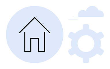 Simple house line art in a circle with a gear and cloud. Ideal for technology, smart home, innovation, automation, development, connectivity, and futuristic concepts. Flat simple metaphor
