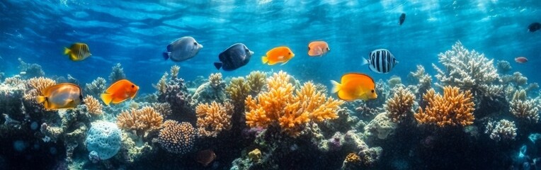 Fototapeta premium Vibrant Coral Reef Underwater with Fish Swimming in Clear Blue Ocean Water, Beautiful Marine Life Scene
