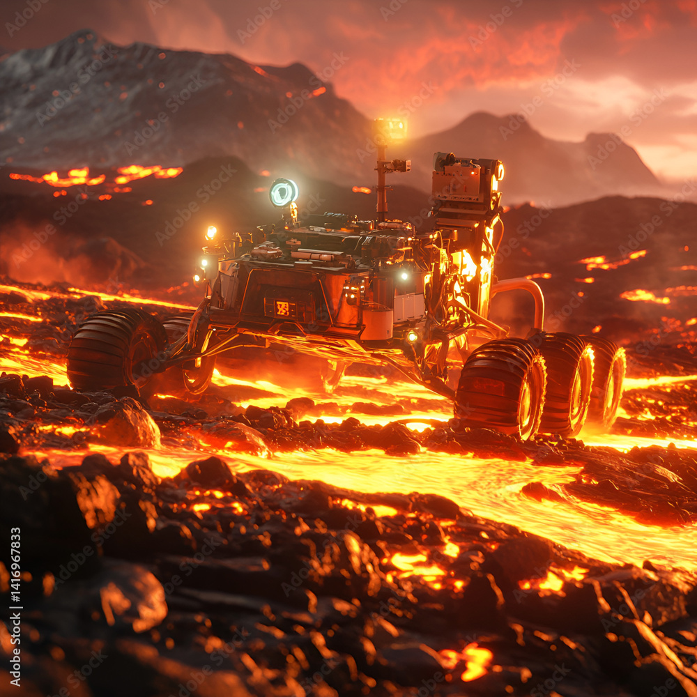 Poster exploring the lava fields ai-powered rover volcanic landscape digital art futuristic environment dyn
