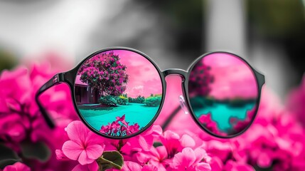 Bright pink flowers surround sunglasses reflecting a vibrant garden during a sunny day