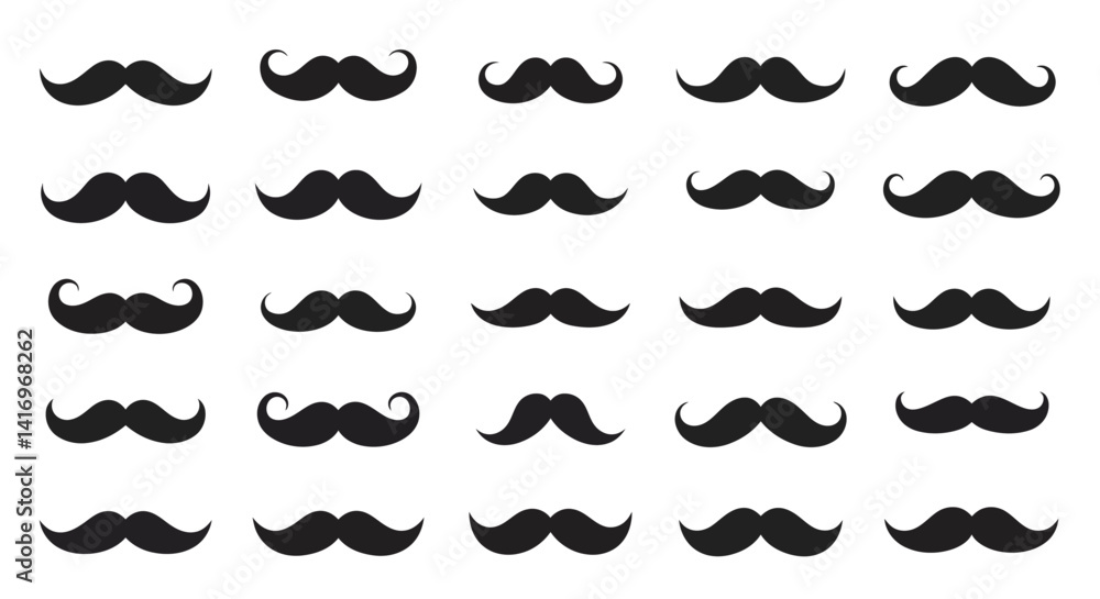 Poster collection of various black mustache styles in simple flat design with diverse shapes and curls arra