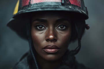 Portrait of a firefighter wearing a helmet, showcasing determination and strength in a smoky environment