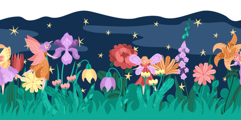 Seamless vector border of fairies dancing in fantasy garden with bright flowers. Starry night sky and lush foliage background. Magical garden scene with winged girls in round dance