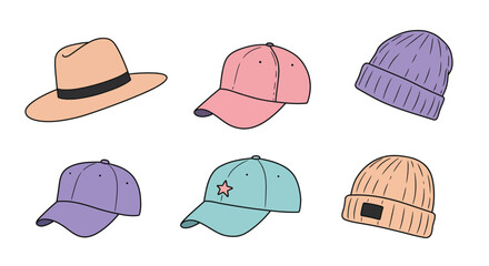 Collection of various casual hats including caps and beanies in pastel colors with line art style vector illustration
