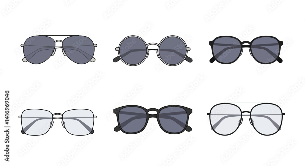 Aufkleber six different styles of eyeglasses and sunglasses in minimal flat design with various frame shapes a