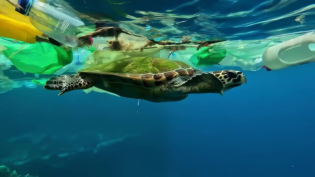 Turtle swims through a sea of plastic bags. The turtle is surrounded by plastic bottles and bags, and it is struggling to swim through the debris. Concept of sadness and concern for the environment