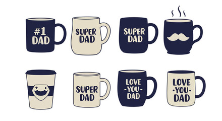 Set of eight minimal Fathers Day coffee mugs with text and mustache design flat vector illustration