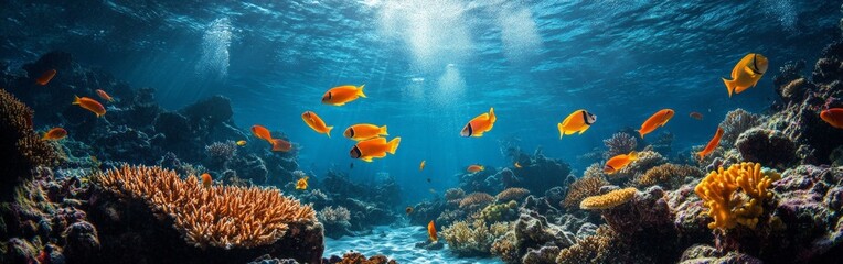 Fototapeta premium Vibrant Coral Reef Underwater with Fish Swimming in Clear Blue Ocean Water, Beautiful Marine Life Scene