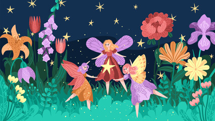 Vector of fairies dancing in fantasy garden with bright flowers. Starry night sky and lush foliage background. Magical garden scene with winged girls in round dance. Fairy tale prints and cards