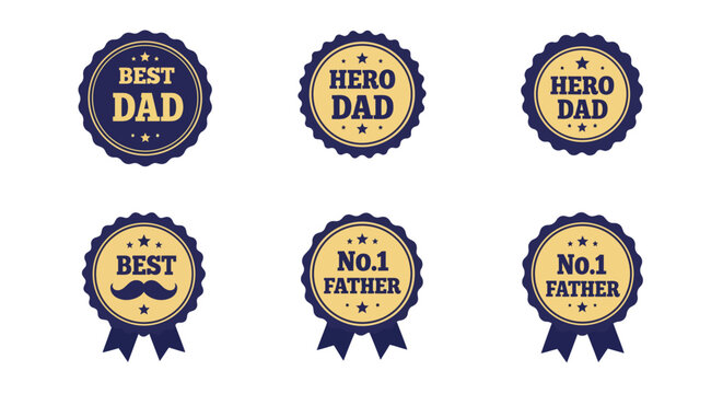 Set of six vintage style Best Dad and No 1 Father award badges with ribbon elements in flat vector illustration
