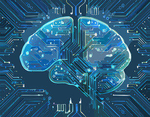 Futuristic illustration of a digital brain merged with circuit board patterns, symbolizing artificial intelligence, machine learning, and neural networks. This vibrant and modern design