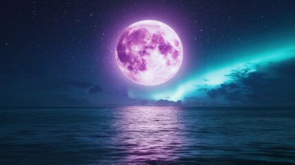 Pink Moon, Ocean, Aurora, Night Sky - Surreal