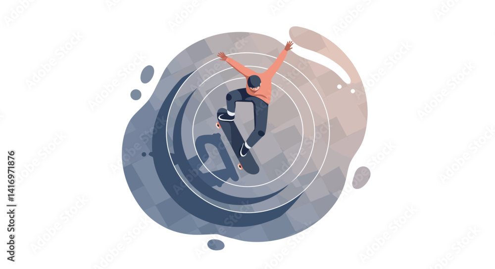 Poster male skateboarder performing trick in dynamic motion with minimal flat design and abstract circular 