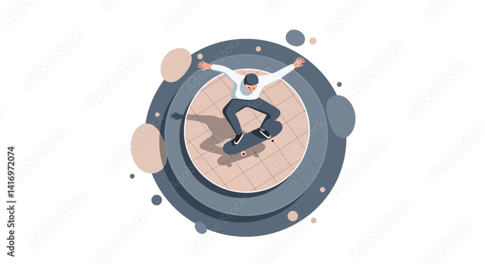 Poster skateboarder performing ollie trick on circular patterned ground in dynamic flat design vector illus