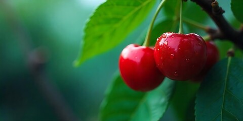 A lot of red ripe cherries close up with water drops