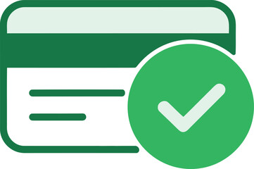 Credit card icon with green circular checkmark on white silhouette flat green background minimalist financial security graphic vector