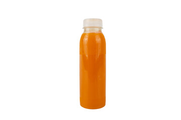 A bottle of orange juice is sitting on a white background. The bottle is clear and has a white cap