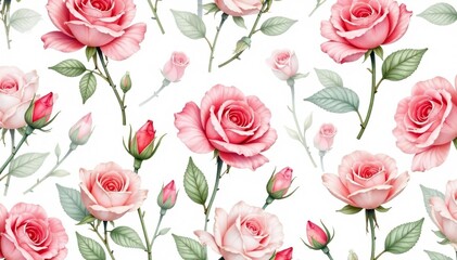 Delicate watercolor rosebuds repeat in a soft, flowing pattern , botanical, repetitive