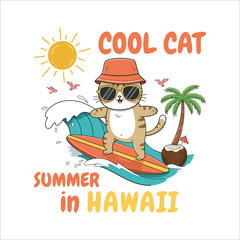 Cool Cat Surfing in Hawaii Vector Illustration