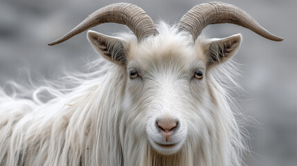 White goat with long fur and curved horns, close-up portrait on blurred gray background
