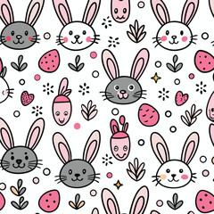 Cute Easter Bunny Pattern with Floral Elements