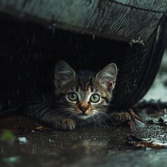Stray kitten hides under a vehicle during rain in an urban environment, seeking shelter and safety from the storm
