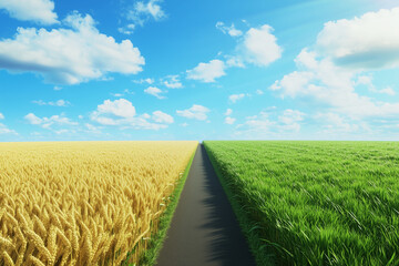 Straight Road Between Wheat and Grass Fields