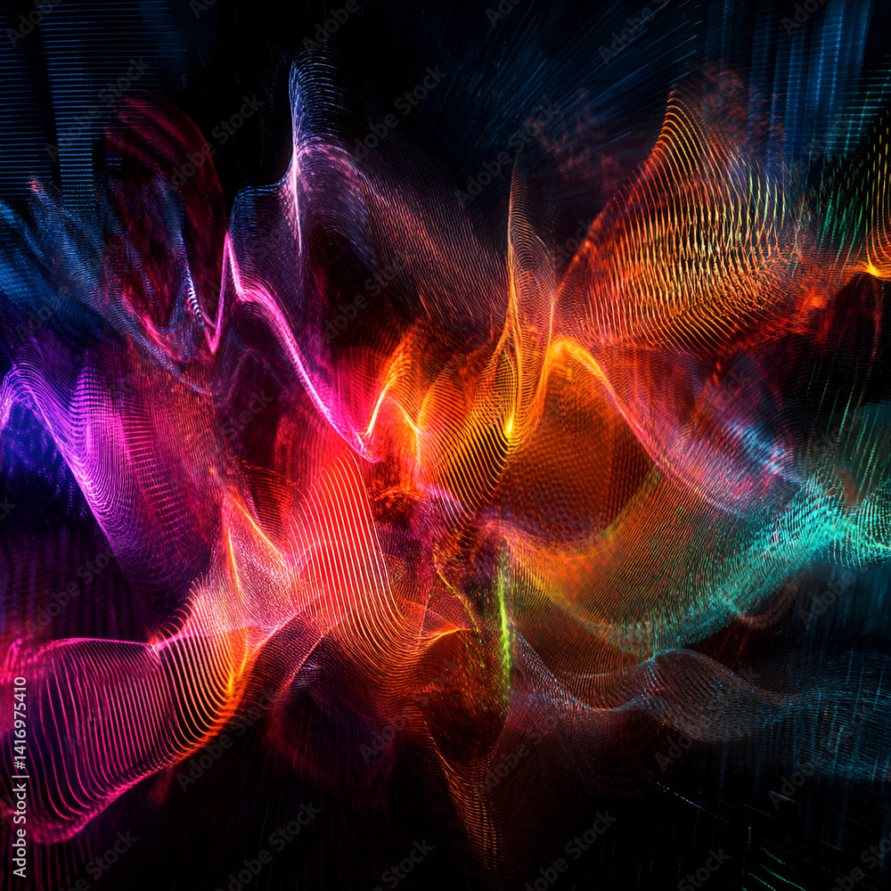 Poster interpreting sound through psychedelic ai visualization digital realm art piece abstract environment