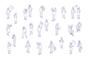 Isometric office workspace with people working together. Coworking. Line art vector isometric business people illustration.	